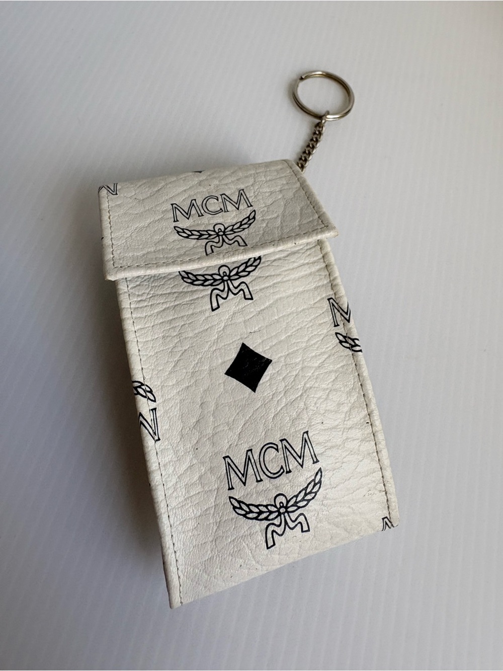 MCM White Leather Logo Key & Card Holder with Black Print